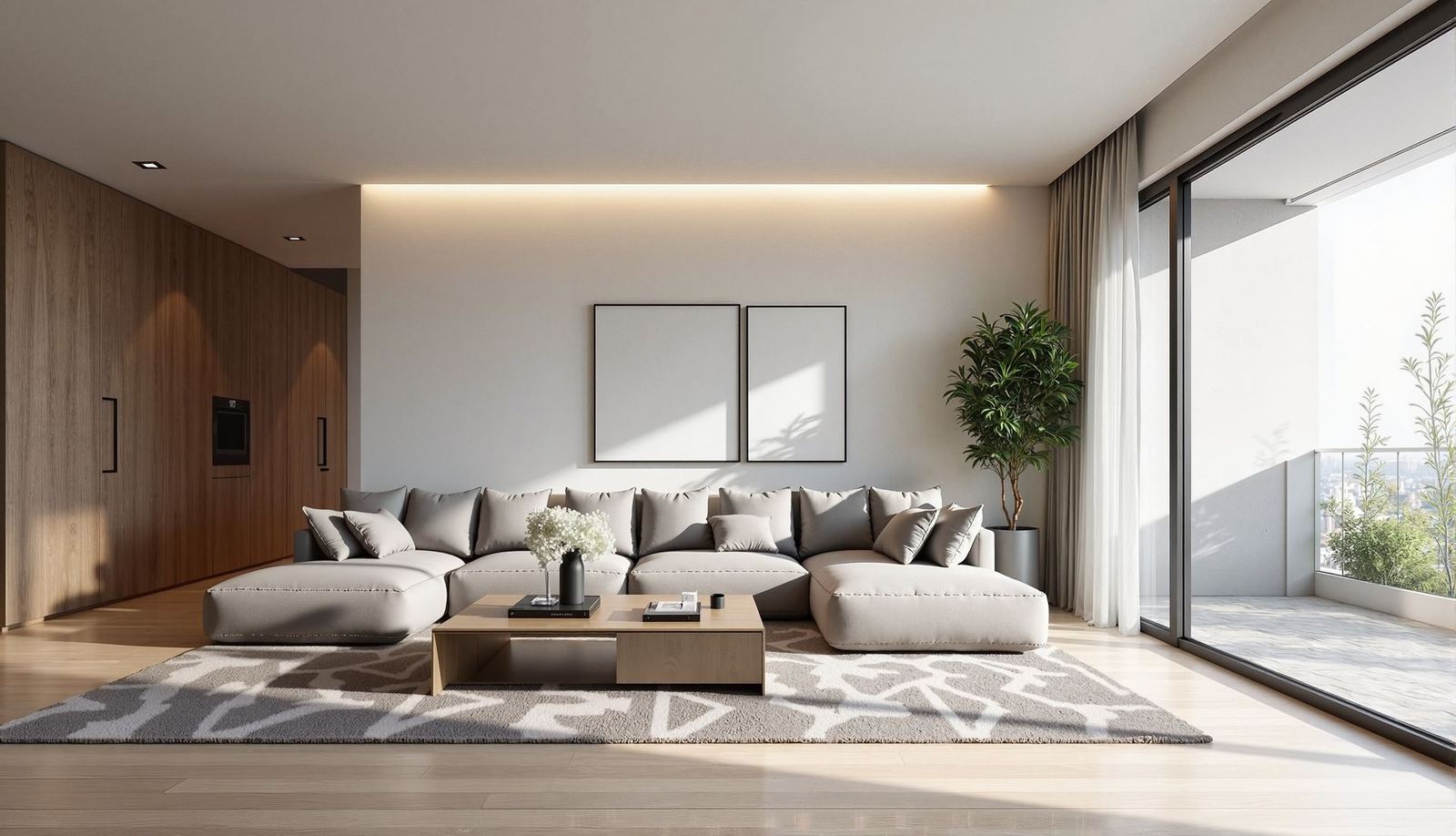 Bright, spotless living room with a sectional sofa and sliding glass doors